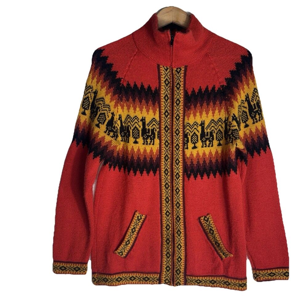 Vintage Peruvian Sweater Alpaca Full Metal Zip Medium Boho Andean Knit Llamas